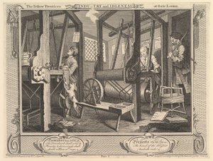 Los aprendices en sus telares: Industria y ociosidad, placa 1 de William Hogarth