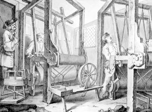 Los aprendices en sus telares representando la industria y la ociosidad, 1747 de William Hogarth