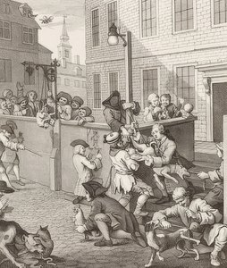 La primera etapa de la crueldad. De: Las cuatro etapas de la crueldad. 1751 de William Hogarth