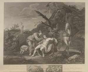 El Buen Samaritano, grabado por J.M. Delatre y Simon Francis Ravenet, publicado por John Boydell (1719-1804) 1772