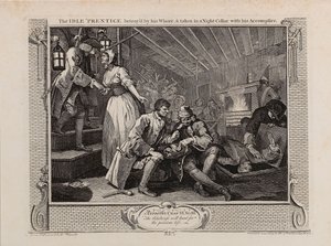 El aprendiz ocioso traicionado por su prostituta y llevado a una bodega nocturna con su cómplice, 1747 de William Hogarth
