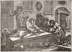 El aprendiz ocioso jugando en el cementerio durante el servicio divino - Placa de una serie de 12 grabados por William Hogarth (1697-1764), ilustrador británico, titulada “Industria y Ociosidad”, “El celo y la pereza”, relatando las carreras de dos aprendi de William Hogarth