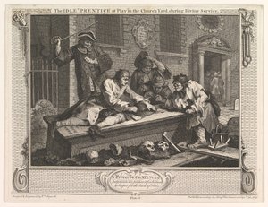 El aprendiz ocioso jugando en el cementerio, Industria y Ociosidad, placa 3, 30 de septiembre de 1747
