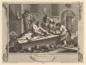 El aprendiz ocioso jugando en el cementerio: Industria y ociosidad, placa 3, 30 de septiembre de 1747
