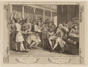 El aprendiz industrioso concejal de Londres: el ocioso llevado ante él y acusado por su cómplice de William Hogarth