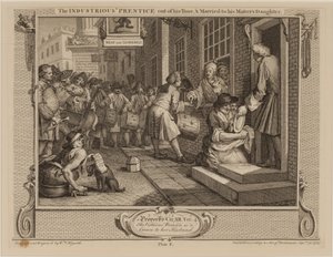 El aprendiz industrioso termina su tiempo y se casa con la hija de su maestro de William Hogarth