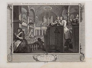El aprendiz industrioso cumpliendo el deber de un cristiano. Serie Industria y Ociosidad, 1747 de William Hogarth