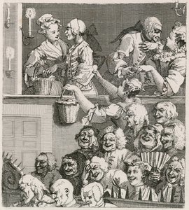 La audiencia risueña. Vista de Hogarth de Drury Lane con vendedoras de naranjas en 1733 de William Hogarth