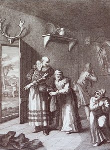 El cura y el barbero se disfrazan para llevarse a Don Quijote de William Hogarth