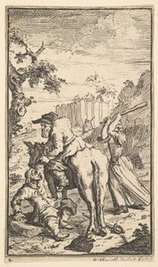 Trulla atacando a Hudibras, diecisiete pequeñas ilustraciones para Hudibras de Samuel Butler, 1721-26