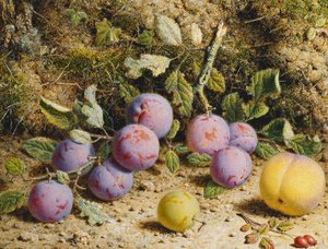 Naturaleza muerta con ciruelas, un melocotón y escaramujos