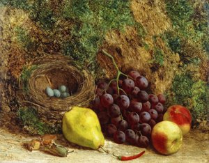 Uvas, una pera, melocotones y un nido de pájaros junto a un banco musgoso, 1864 de William Hughes