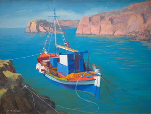 Barco griego frente a Rodas (aceite a bordo) de William Ireland