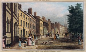 Broad Way desde el Bowling Green, grabado por J.R. Hutchinson, 1828
