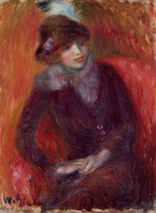 Mujer Sentada con Cuello de Piel y Fondo Rojo