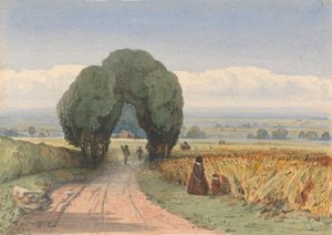 Gloucestershire - una mujer y un niño en un camino que bordea campos de maíz maduro en Moreton-in-Marsh de William John Chamberlayne