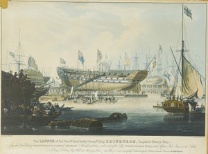 La botadura del buque "Edinburgh" de la Honorable Compañía de las Indias Orientales desde el astillero de Messrs Wigrams  Green Blackwall con una vista del buque "Abercrombie Robinson" en el muelle. de William John Huggins