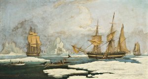La pesca de ballenas en el norte: El barco Harmony de Hull y otros balleneros atrapados en el hielo, cazando focas, narvales y ballenas en el área de caza de ballenas de los estrechos de Davis frente a Groenlandia
