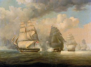 La huida del HMS "Belvidera", el 23 de junio de 1812, frente a la costa de New London, Connecticut, nueve días después del estallido de la Guerra Anglo-Americana de 1812 o Segunda Guerra de Independencia (1812-1815).