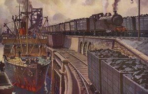 Un tren de carbón tirado por una locomotora cisterna 4-4-2 (litografía en color)