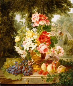 Un jarrón de flores de verano y frutas en un borde en un paisaje, 1867