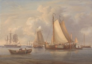 Barcos pesqueros holandeses fondeados en un estuario de William Joy
