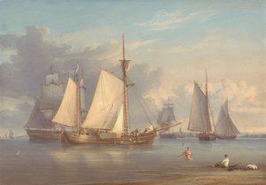 Barcos pesqueros holandeses fondeados en un estuario de William Joy