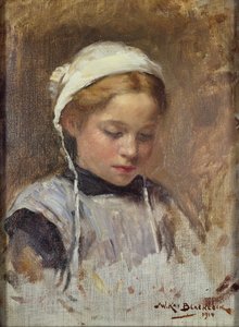 Niña joven con un delantal azul, 1914 de William Kay Blacklock