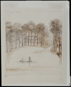 Casa de aves en Chiswick; estanque con una pareja en un bote, la mujer pescando de William Kent