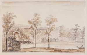 Chiswick, diseño para una cascada rústica y puente contra la terraza