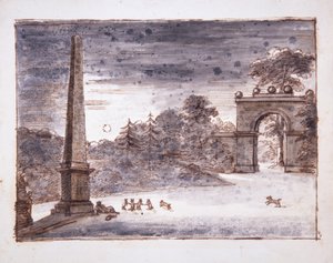 Chiswick, la puerta de Burlington Lane y el obelisco a la luz de la luna con Kent sentado junto al obelisco soñando, y con conejos jugando, c.1732