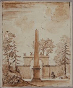 Chiswick, vista de la Puerta de Burlington Lane, el Obelisco en primer plano, y Kent con perro de William Kent