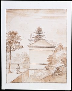 Chiswick, vista del lado de la Casa de los Ciervos tomada desde el terraplén interior del ha-ha del recinto de los ciervos y con un vistazo a la Columna Dórica de William Kent