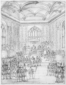 Enrique VIII recibiendo a Montmorency, el embajador francés, en Hampton Court de William Kent