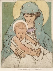 Virgen María con el Niño Jesús (punta seca coloreada a mano) de William Lee Hankey