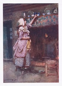 Mientras las tazas de té rotas, sabiamente guardadas para el espectáculo, colocadas sobre la chimenea, brillaban en fila (litografía en color) de William Lee Hankey
