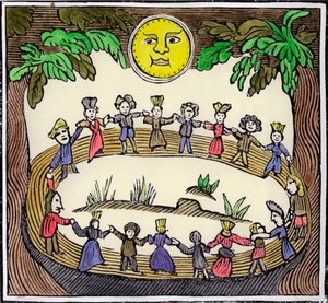 Un círculo de brujas bailando bajo una luna llena, siglo XIX o principios del siglo XX