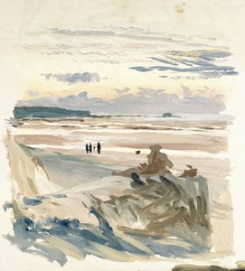 Personajes en la playa, probablemente en Amble( Francia), con la silueta del Fuerte Vauban a la luz del crepúsculo. de William Lionel Wyllie