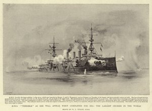 HMS Terrible como aparecerá cuando esté completado para el mar, el crucero más grande del mundo de William Lionel Wyllie