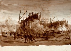 Barcos de hierro en el cepo, c.1910 (aguada marrón) de William Lionel Wyllie