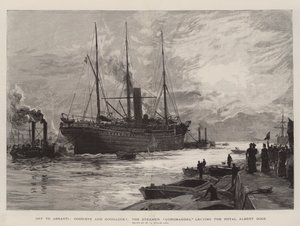 Rumbo a Ashanti, ¡Adiós y buena suerte!, el vapor Coromandel saliendo del Royal Albert Dock de William Lionel Wyllie
