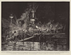 Horas extras, completando el HMS Magnificent, una escena nocturna en el astillero de Chatham de William Lionel Wyllie