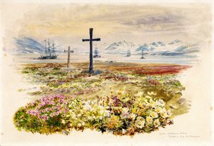 Search Bay (Research Bay, Tasmania, Australia), dos cruces plantadas en parterres con barcos a lo lejos. Acuarela de William Lionel Wyllie