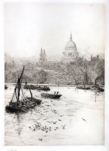 Navegación y gaviotas bajo St Pauls (acuarela)