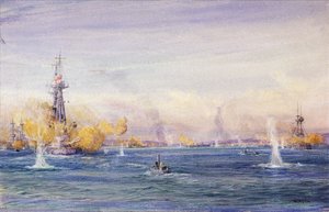 La Batalla de los Dardanelos (1915) (Turquía), durante la campaña de Galípoli, en el Mar de Mármara. Acuarela, hacia 1915, de William Lionel Wyllie (1851-1931).