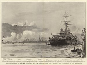 El Bombardeo de Malaxa el 23 de marzo, la Flota Internacional bombardeando a los Insurgentes en el Bloqueo de William Lionel Wyllie