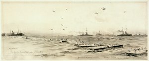 La flota alemana de alta mar enjaulada en Scapa, c.1918 (lavado, gris, realzado con blanco) de William Lionel Wyllie