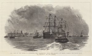 La visita de la Reina a Liverpool, el Claughton, con Su Majestad a bordo, pasando junto al White Star SS Republic en el Mersey de William Lionel Wyllie