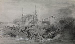 El último de los "Scharnhorst" y "Gneisenau"; la Batalla de las Islas Malvinas, 8 de diciembre de 1914, hacia las 16.15, c.1915-18 (aguada, gris, realzado con blanco) de William Lionel Wyllie
