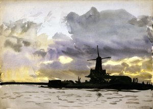 El molino de viento de Zaandam, al norte de Ámsterdam (Países Bajos). Acuarela de William Lionel Wyllie